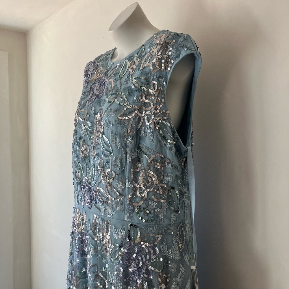 Mac Duggal | Sequined High Neck Baby Blue Cap Sleeve A Line Gown Plus Size - Picture 6 of 15